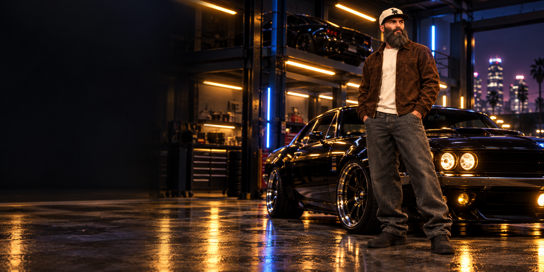Mecânico da Harmony Garage junto a um carro de performance